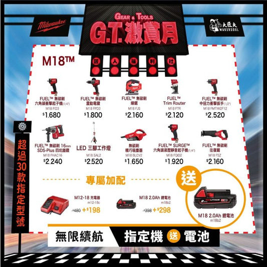 【紅米 G.T. 激賞】 Milwaukee 美沃奇 無限續航組合 (二)：買指定 M18 淨機 送原廠 M18B2 電池